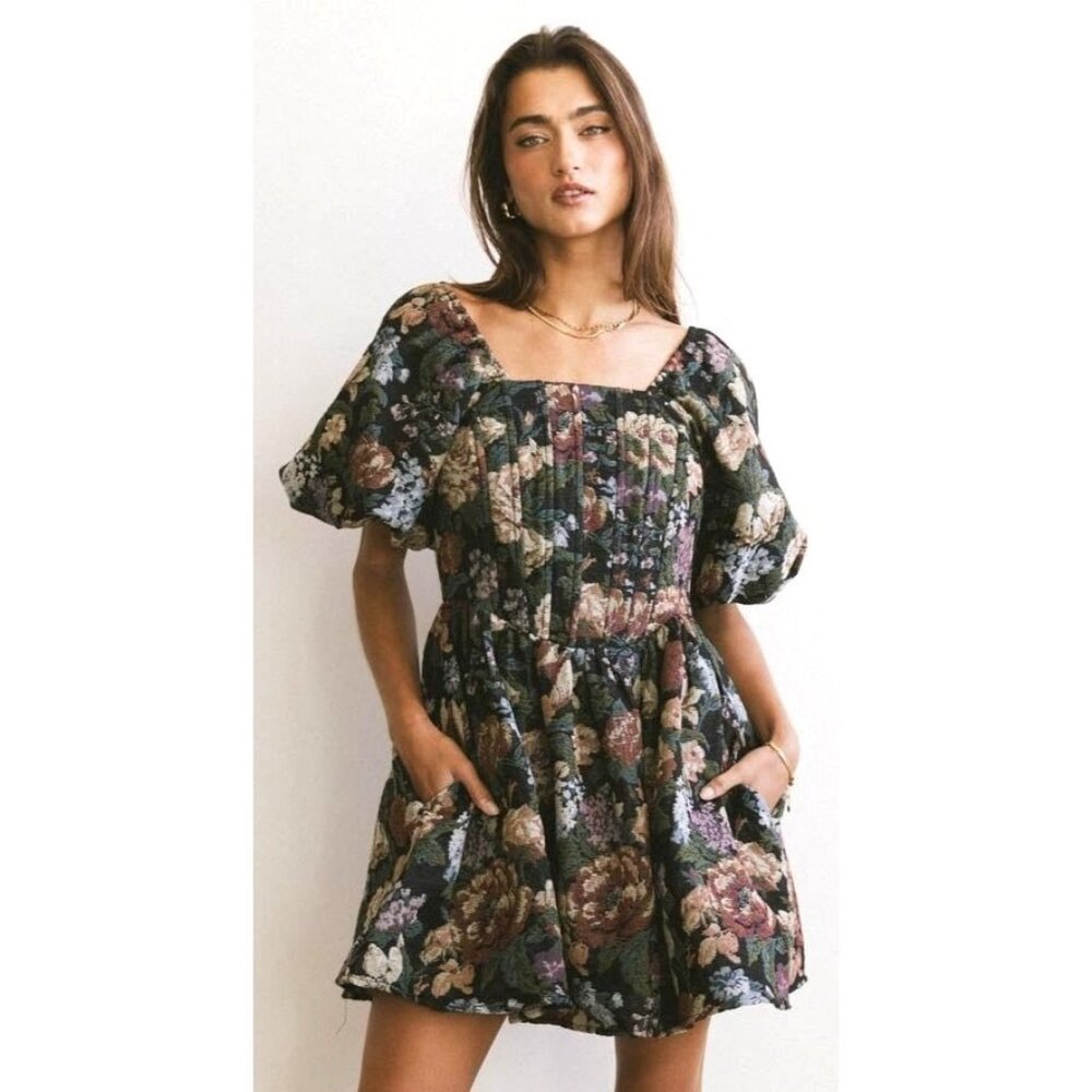 BOHME LaRuth Floral Brocade Short Puff Sleeves Pockets Smocked Mini Dress Size L